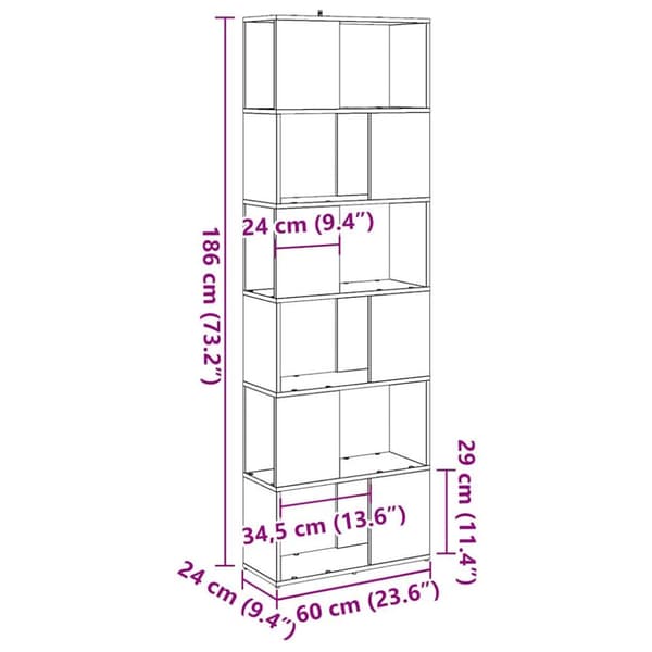 bogreol/rumdeler 60x24x186 cm kunsteg