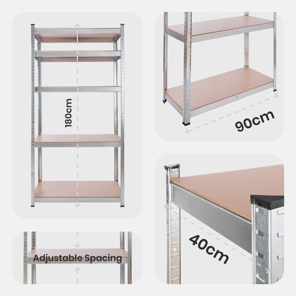 2x Kraftig reol 180 x 90 x 40 cm 875 kg - sølv