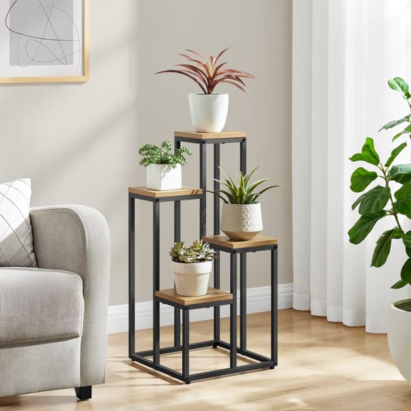 Hylde til blomsterpotter med 4 hylder - Eg / Sorte ben