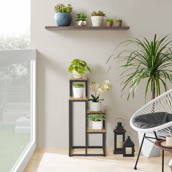 Hylde til blomsterpotter med 4 hylder - Eg / Sorte ben