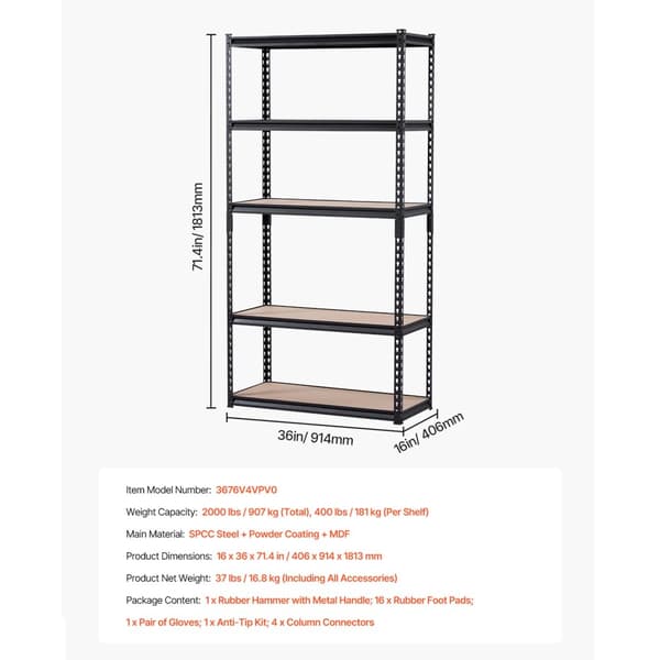 Metal Garage Hylde, 2000 lbs Total Vægtkapacitet, 400 lbs Per Hylde, 5-Lags Design,16 x 36 x 72 in