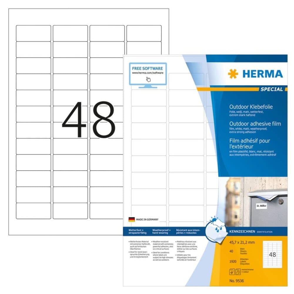 HERMA Utomhusetiketter väderbeständiga A4 45,7x21,2 mm 40 ark vit