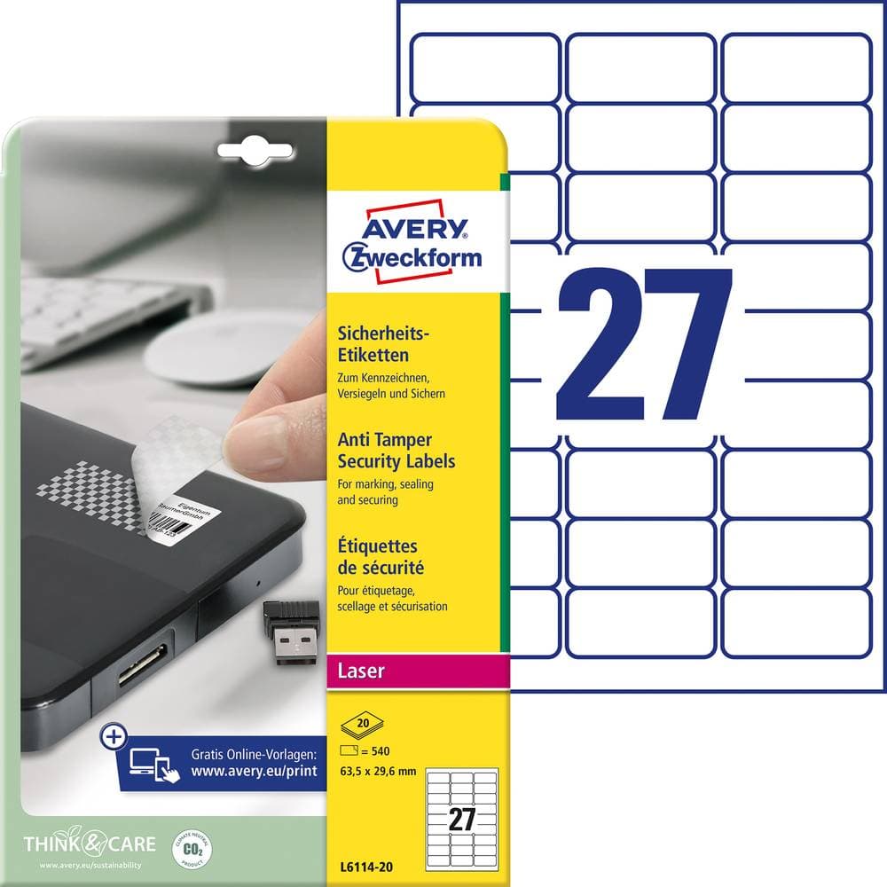 Avery-Zweckform L6114-20 Etiketter 63.5 x 29.6 mm Polyesterfilm Vit 480 st Permanent Säkerhetsetiketter, Universaletike