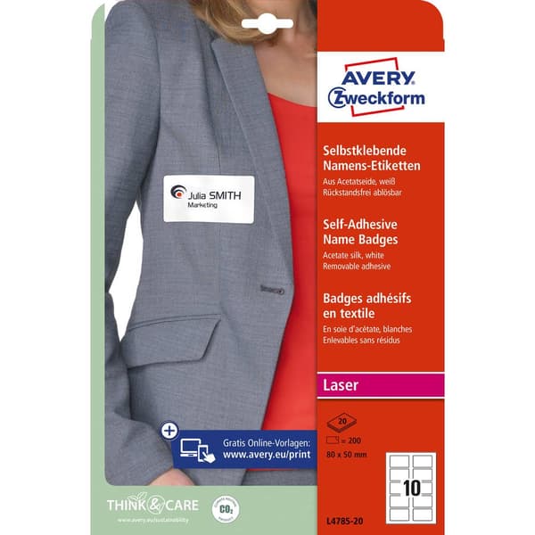 Avery-Zweckform L4785-20 Namn-etiketter 80 x 50 mm Acetat Vit 200 st Repositionerbart Laser, färg, Laser, Färglaserskri