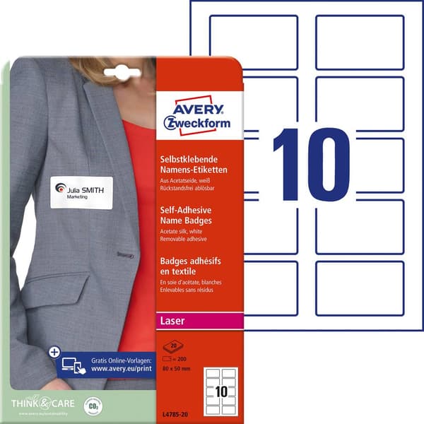 Avery-Zweckform L4785-20 Namn-etiketter 80 x 50 mm Acetat Vit 200 st Repositionerbart Laser, färg, Laser, Färglaserskri
