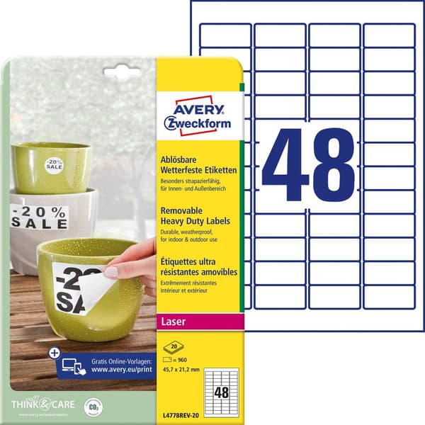 Avery-Zweckform L4778REV-20 Folieetiketter 45.7 x 21.2 mm Polyesterfilm Vit 960 st Repositionerbart Laser, färg, Laser,