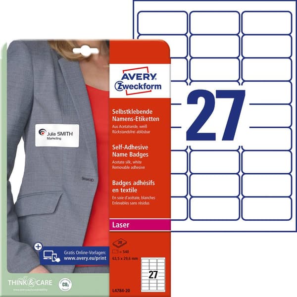 Avery-Zweckform L4784-20 Namn-etiketter 63.5 x 29.6 mm Acetat Vit 540 st Repositionerbart Laser, färg, Laser, Färglaser