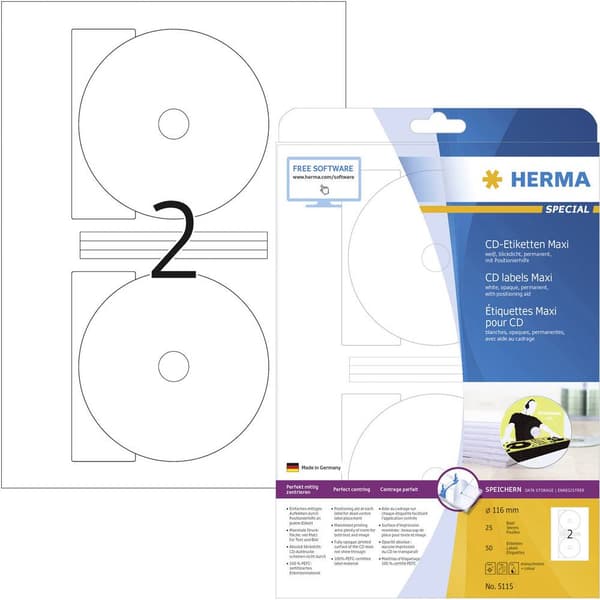 Herma 5115 CD-etiketter Ø 116 mm Papper Vit 50 st Permanent Bläckstråleskrivare, Laser, Laser, färg, Kopiator, Färgkopi