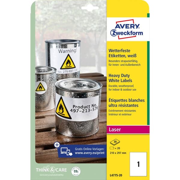 Avery-Zweckform L4775-20 Folieetiketter 210 x 297 mm Polyesterfilm Vit 20 st Permanent Laser, färg, Laser, Färgkopiator