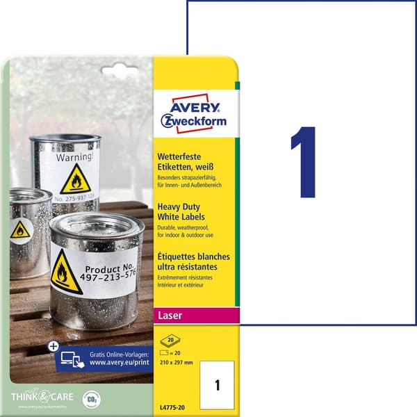 Avery-Zweckform L4775-20 Folieetiketter 210 x 297 mm Polyesterfilm Vit 20 st Permanent Laser, färg, Laser, Färgkopiator