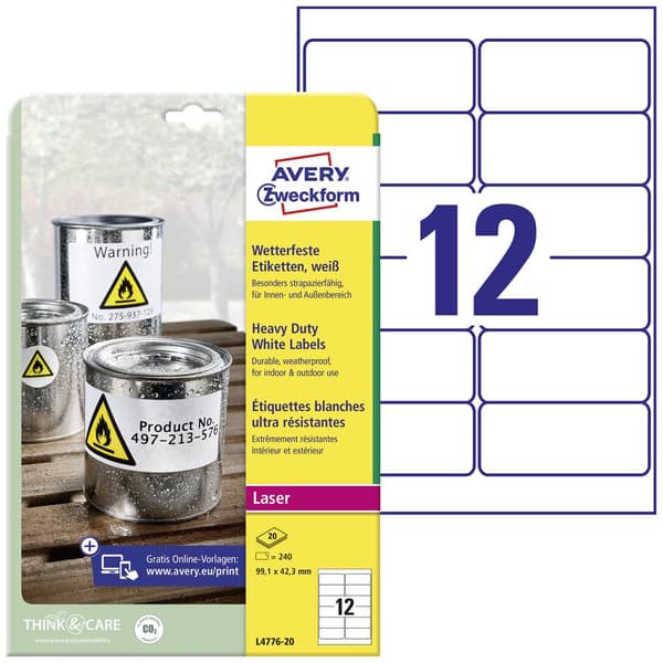 Avery-Zweckform L4776-20 Folieetiketter 99.1 x 42.3 mm Polyesterfilm Vit 240 st Permanent Laser, färg, Laser, Färgkopia