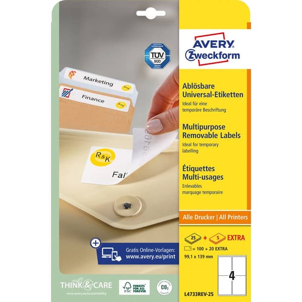 Avery-Zweckform L4733REV-25 Universaletiketter 99.1 x 139 mm Papper Vit 120 st Repositionerbart Bläckstråleskrivare, La