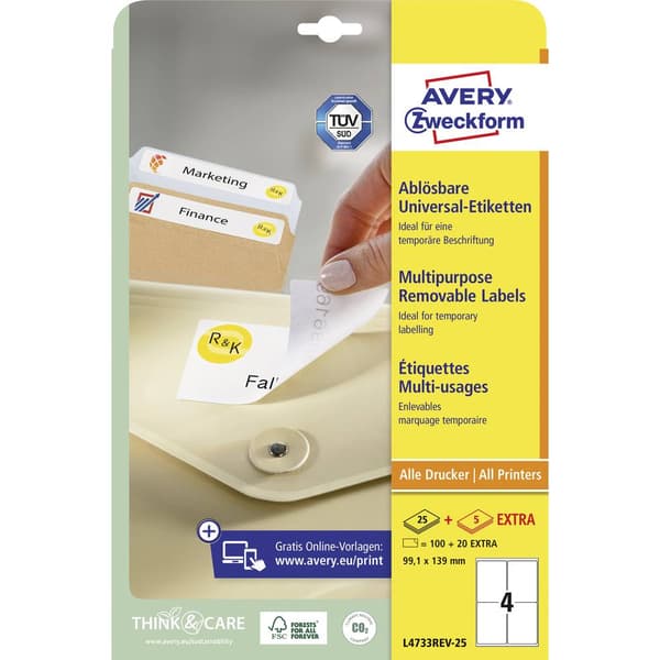 Avery-Zweckform L4733REV-25 Universaletiketter 99.1 x 139 mm Papper Vit 120 st Repositionerbart Bläckstråleskrivare, La