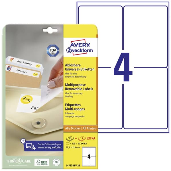 Avery-Zweckform L4733REV-25 Universaletiketter 99.1 x 139 mm Papper Vit 120 st Repositionerbart Bläckstråleskrivare, La