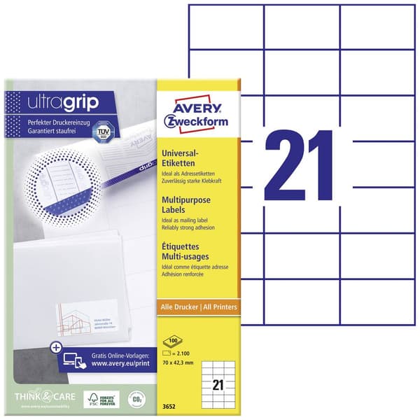 Avery-Zweckform 3652 Universaletiketter 70 x 42.3 mm Papper Vit 2100 st Permanent Bläckstråleskrivare, Laser, Laser, fä