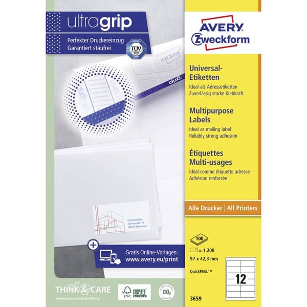 Avery-Zweckform 3659 Universaletiketter 97 x 42.3 mm Papper Vit 1200 st Permanent Bläckstråleskrivare, Laser, Laser, fä