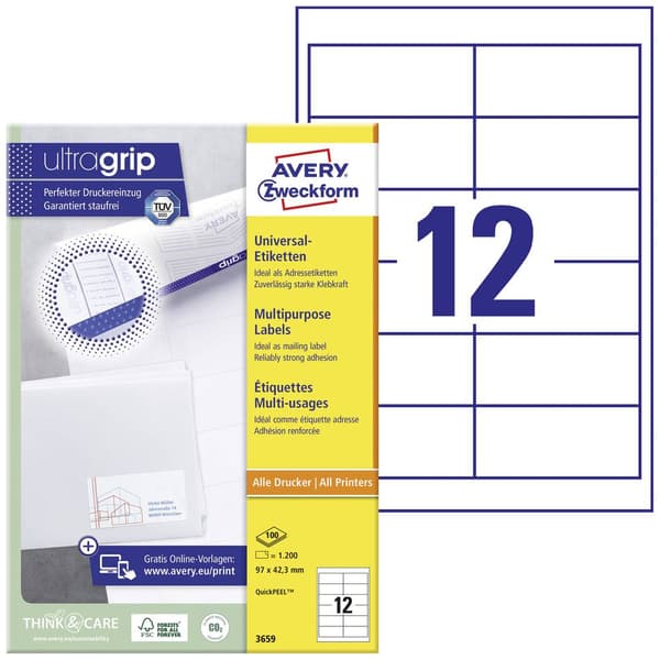 Avery-Zweckform 3659 Universaletiketter 97 x 42.3 mm Papper Vit 1200 st Permanent Bläckstråleskrivare, Laser, Laser, fä