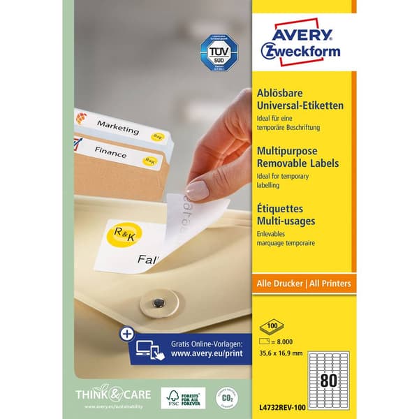 Avery-Zweckform L4732REV-100 Universaletiketter 35.6 x 16.9 mm Papper Vit 8000 st Repositionerbart Bläckstråleskrivare,