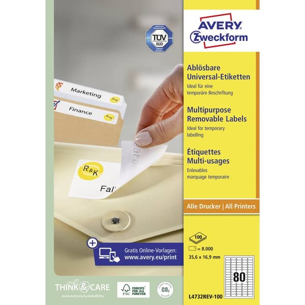 Avery-Zweckform L4732REV-100 Universaletiketter 35.6 x 16.9 mm Papper Vit 8000 st Repositionerbart Bläckstråleskrivare,