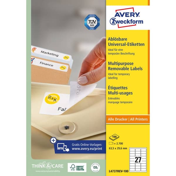 Avery-Zweckform L4737REV-100 Universaletiketter 63.5 x 29.6 mm Papper Vit 2700 st Repositionerbart Bläckstråleskrivare,