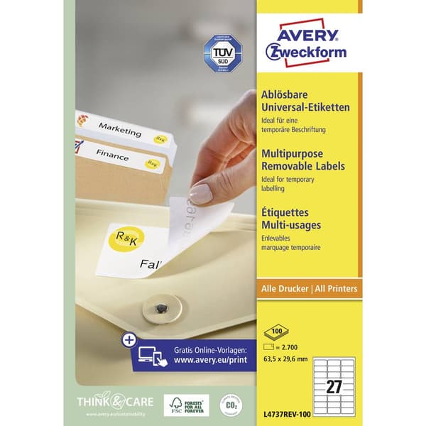 Avery-Zweckform L4737REV-100 Universaletiketter 63.5 x 29.6 mm Papper Vit 2700 st Repositionerbart Bläckstråleskrivare,