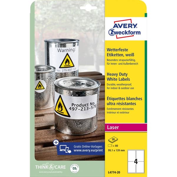 Avery-Zweckform L4774-20 Folieetiketter 99.1 x 139 mm Polyesterfilm Vit 80 st Permanent Laser, färg, Laser, Färgkopiato