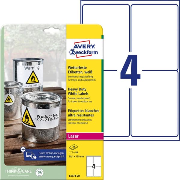 Avery-Zweckform L4774-20 Folieetiketter 99.1 x 139 mm Polyesterfilm Vit 80 st Permanent Laser, färg, Laser, Färgkopiato