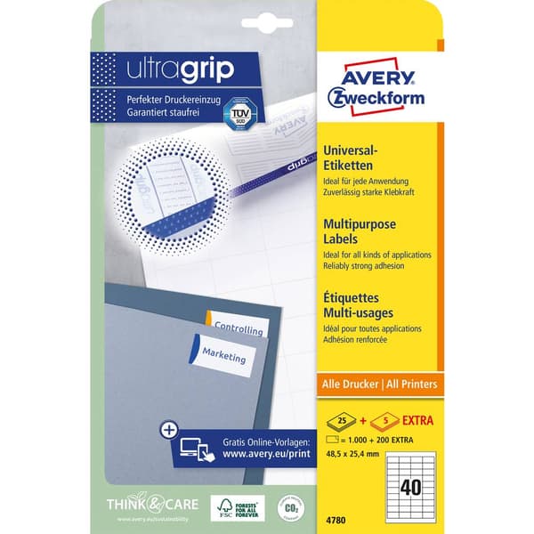 Avery-Zweckform 4780 Universaletiketter 48.5 x 25.4 mm Papper Vit 1200 st Permanent Bläckstråleskrivare, Laser, Laser,
