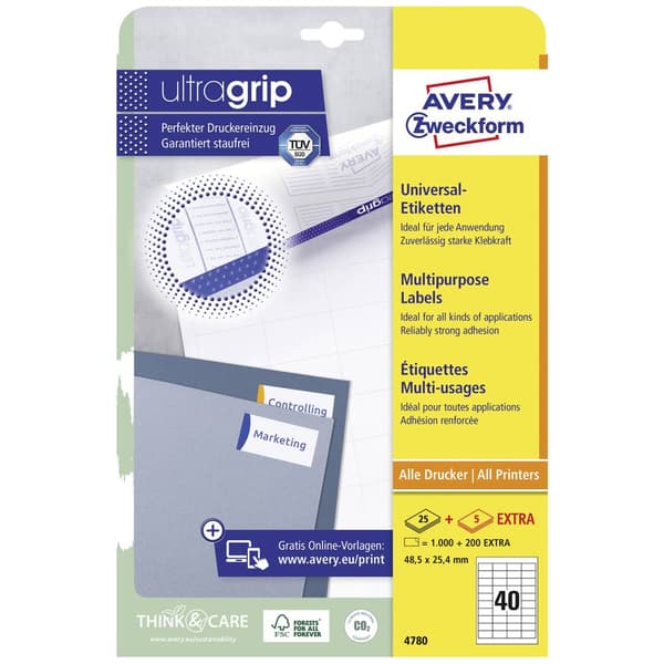 Avery-Zweckform 4780 Universaletiketter 48.5 x 25.4 mm Papper Vit 1200 st Permanent Bläckstråleskrivare, Laser, Laser,