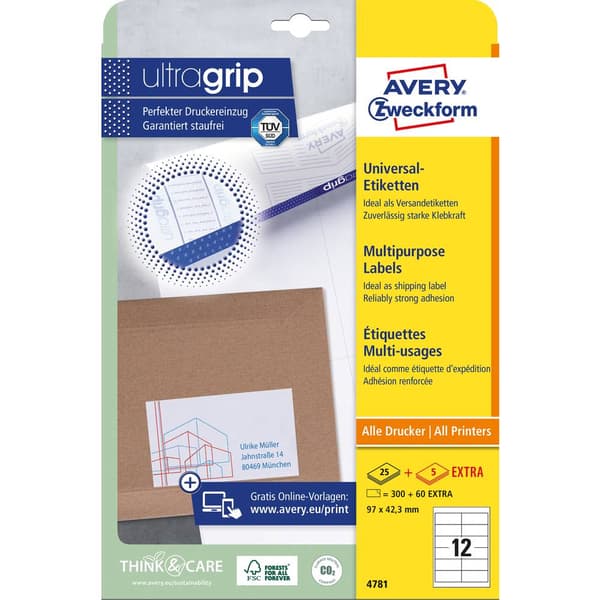 Avery-Zweckform 4781 Universaletiketter 97 x 42.3 mm Papper Vit 360 st Permanent Bläckstråleskrivare, Laser, Laser, fär
