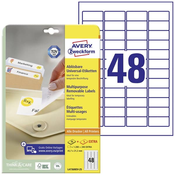 Avery-Zweckform L4736REV-25 Universaletiketter 45.7 x 21.2 mm Papper Vit 1440 st Repositionerbart Bläckstråleskrivare,