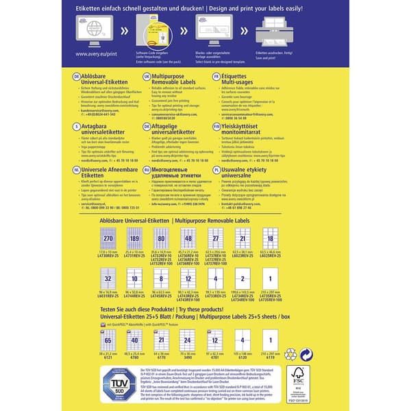 Avery-Zweckform L4737REV-25 Universaletiketter 63.5 x 29.6 mm Papper Vit 810 st Repositionerbart Bläckstråleskrivare, L