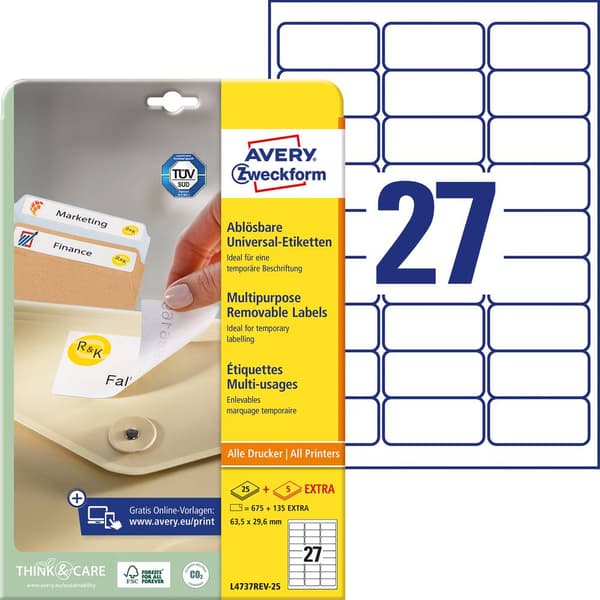 Avery-Zweckform L4737REV-25 Universaletiketter 63.5 x 29.6 mm Papper Vit 810 st Repositionerbart Bläckstråleskrivare, L