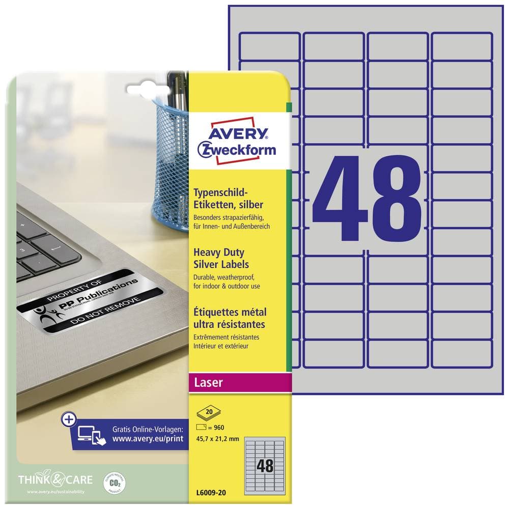 Avery-Zweckform L6009-20 Etiketter 45.7 x 21.2 mm Polyesterfilm Silver 960 st Permanent Märkskyltsetiketter Laser, Kopi