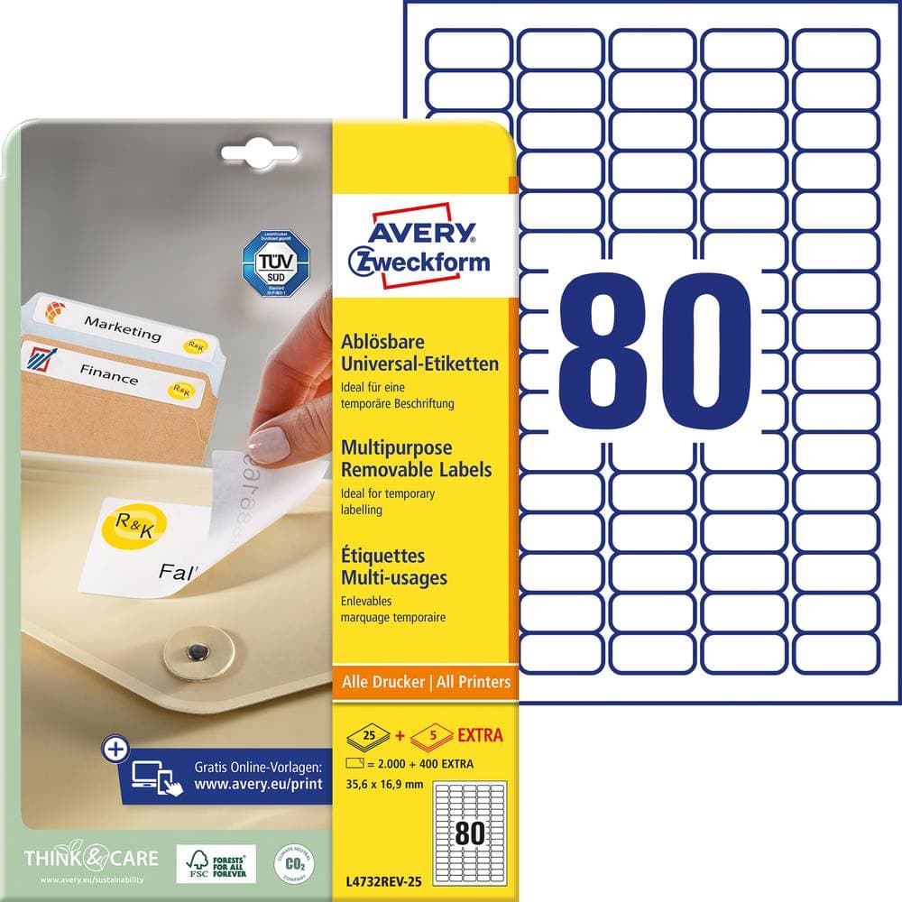 Avery-Zweckform L4732REV-25 Etiketter 35.6 x 16.9 mm Papper Vit 2400 st Repositionerbart Universaletiketter Bläck, Lase