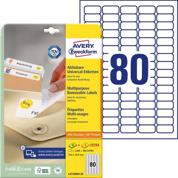 Avery-Zweckform L4732REV-25 Universaletiketter 35.6 x 16.9 mm Papper Vit 2400 st Repositionerbart Bläckstråleskrivare,