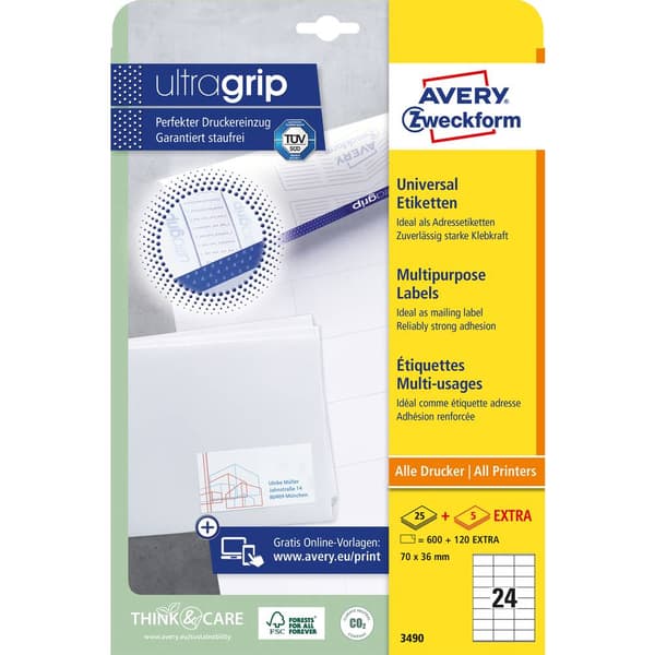 Avery-Zweckform 3490 Universaletiketter 70 x 36 mm Papper Vit 720 st Permanent Bläckstråleskrivare, Laser, Laser, färg,
