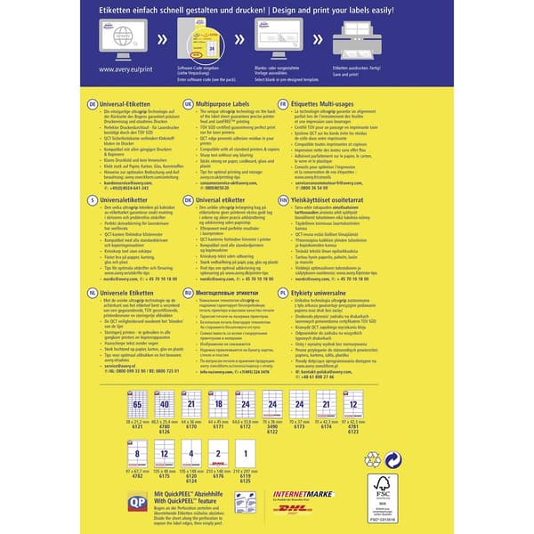 Avery-Zweckform 3490 Universaletiketter 70 x 36 mm Papper Vit 720 st Permanent Bläckstråleskrivare, Laser, Laser, färg,