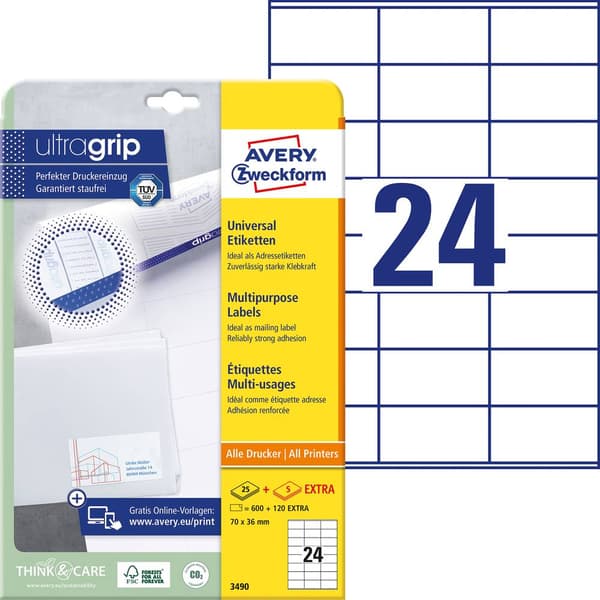 Avery-Zweckform 3490 Universaletiketter 70 x 36 mm Papper Vit 720 st Permanent Bläckstråleskrivare, Laser, Laser, färg,