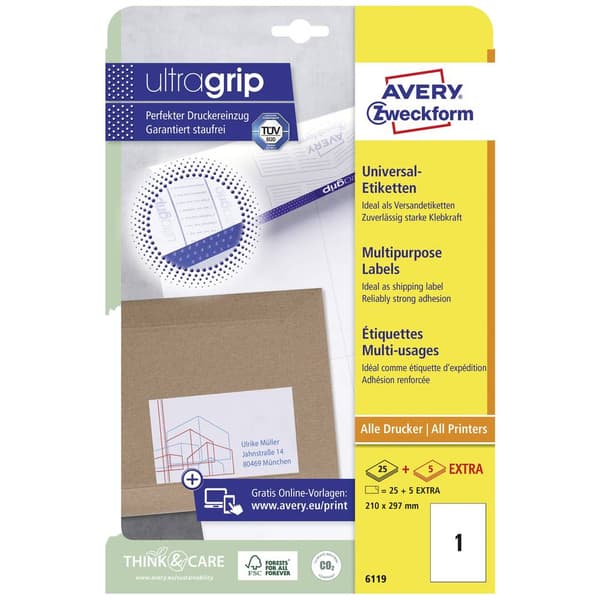 Avery-Zweckform 6119 Universaletiketter 210 x 297 mm Papper Vit 30 st Permanent Bläckstråleskrivare, Laser, Laser, färg