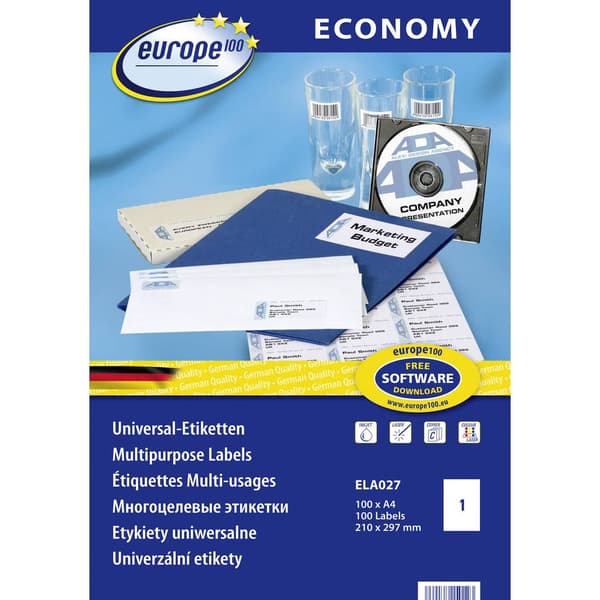 Europe 100 ELA027 Universaletiketter 210 x 297 mm Papper Vit 100 st Permanent Bläckstråleskrivare, Laser, Laser, färg,