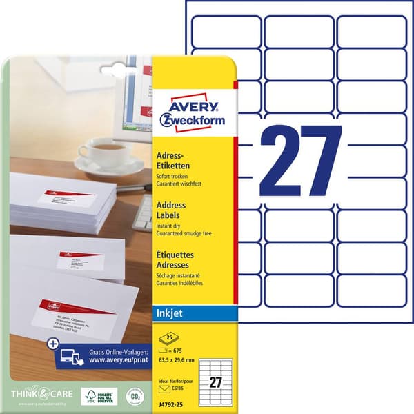 Avery-Zweckform J4792-25 Adressetiketter 63.5 x 29.6 mm Papper Vit 675 st Permanent Bläckstråleskrivare, Färglaserskriv