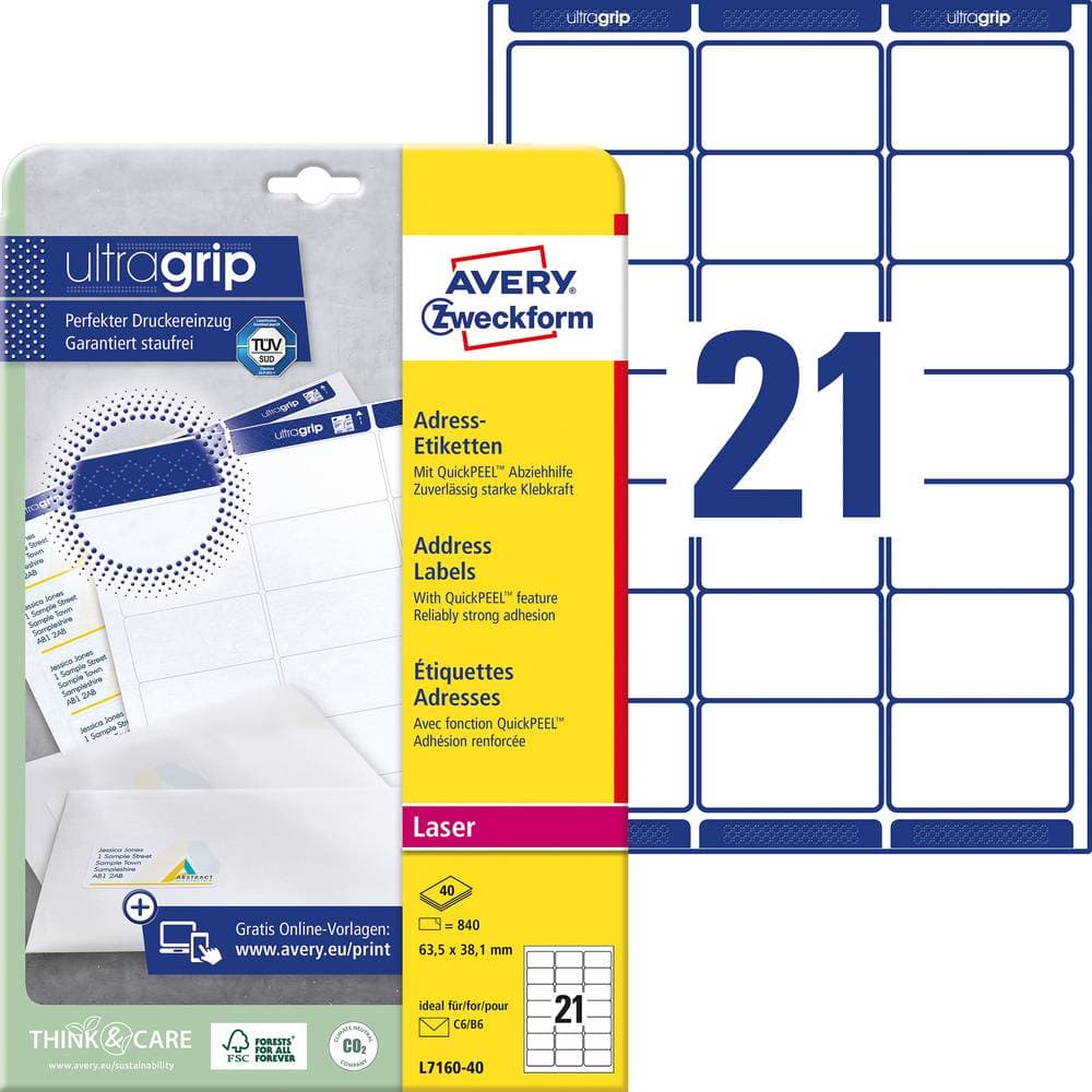Avery-Zweckform Adressetiketter, Universaletiketter L7160-40 63.5 x 38.1 mm Papper Vit 840 st