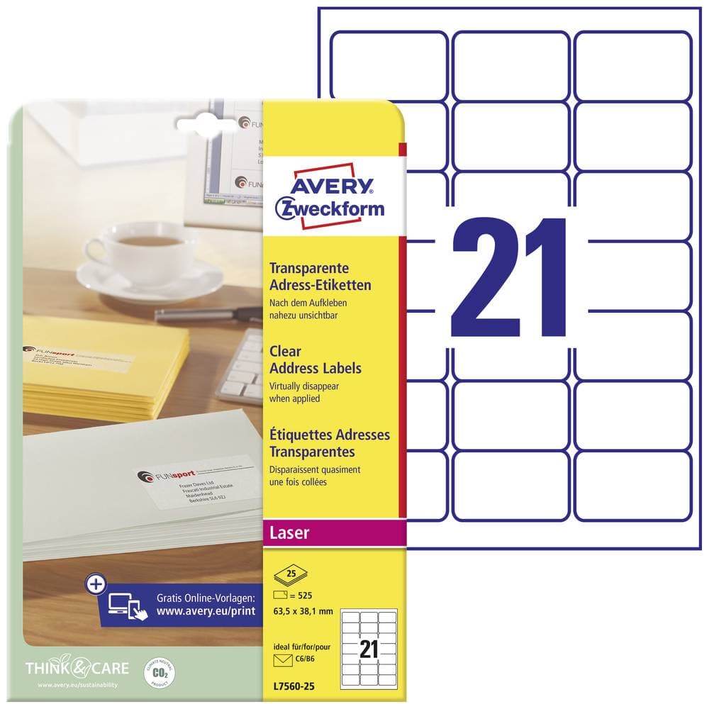 Avery-Zweckform Adressetiketter, Universaletiketter L7560-25 63.5 x 38.1 mm Polyesterfilm Transparent 525 st