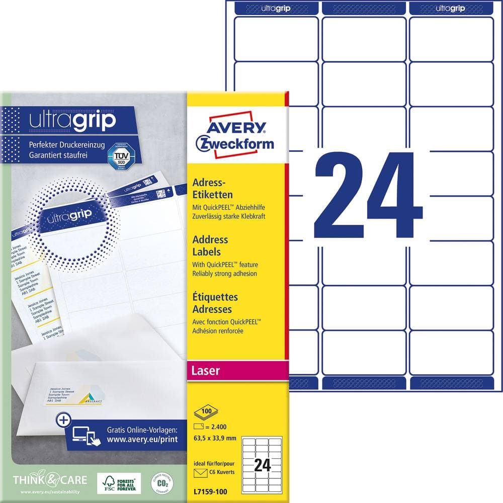 Avery-Zweckform Adressetiketter, Universaletiketter L7159-100 63.5 x 33.9 mm Papper Vit 2400 st
