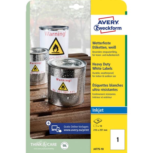 Avery-Zweckform J4775-10 Folieetiketter 210 x 297 mm Polyesterfilm Vit 10 st Permanent Bläckstråleskrivare, Färglasersk