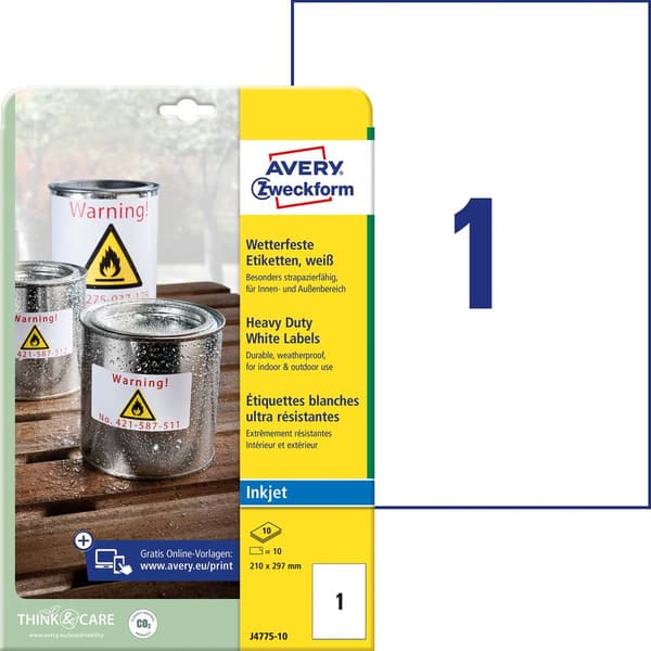 Avery-Zweckform J4775-10 Folieetiketter 210 x 297 mm Polyesterfilm Vit 10 st Permanent Bläckstråleskrivare, Färglasersk