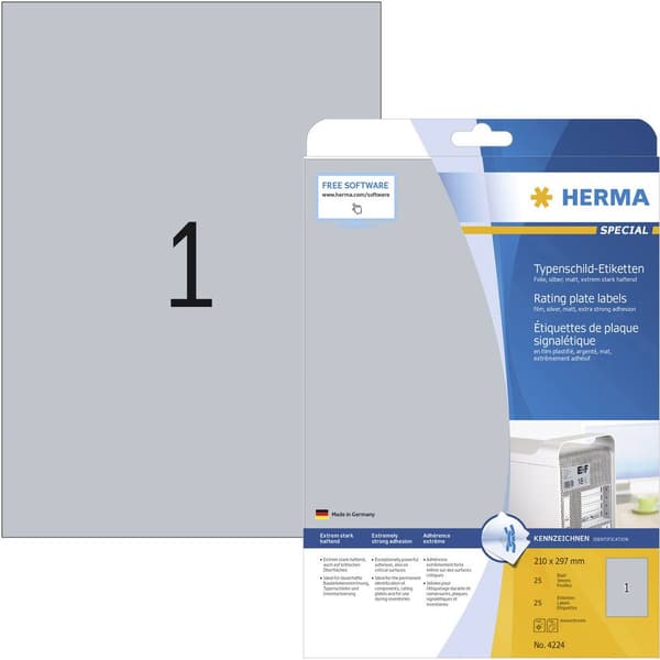 Herma 4224 Märkskyltsetiketter 210 x 297 mm Polyesterfilm Silver 25 st Permanent Laser, Kopiator, Färglaserskrivare