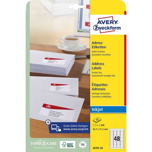 Avery-Zweckform J4791-25 Adressetiketter 45.7 x 21.2 mm Papper Vit 1200 st Permanent Bläckstråleskrivare, Färglaserskri