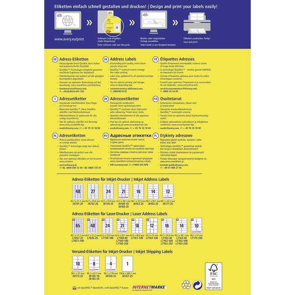 Avery-Zweckform J4791-25 Adressetiketter 45.7 x 21.2 mm Papper Vit 1200 st Permanent Bläckstråleskrivare, Färglaserskri